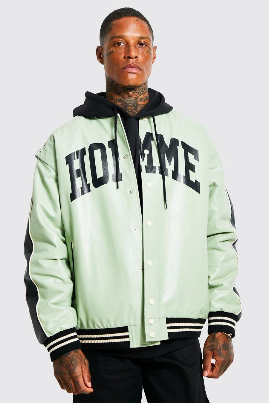 Sage green Homme Leather Look Striped Sleeve Bomber image number 1