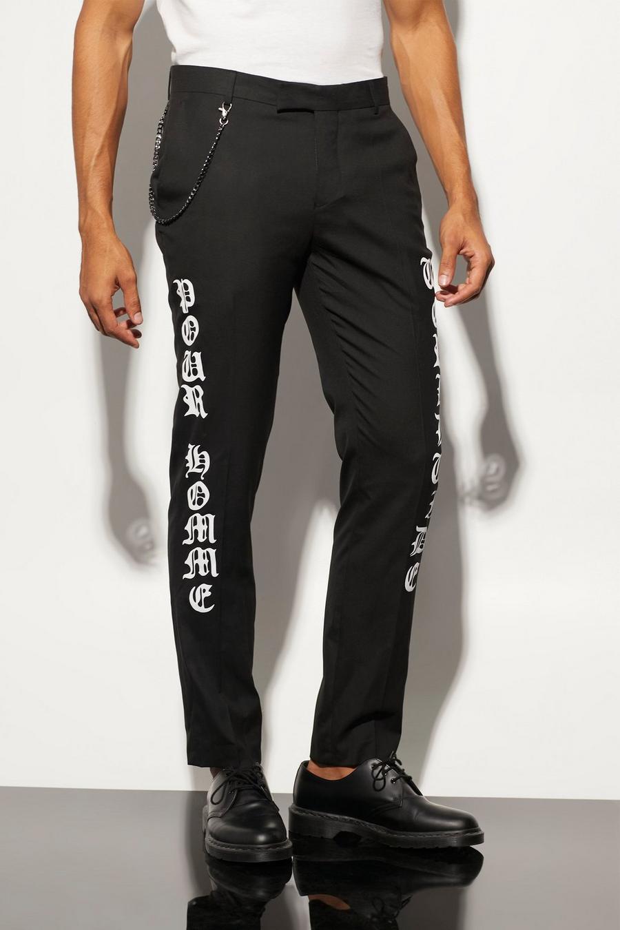 Pantalon de costume slim à slogan imprimé, Black image number 1