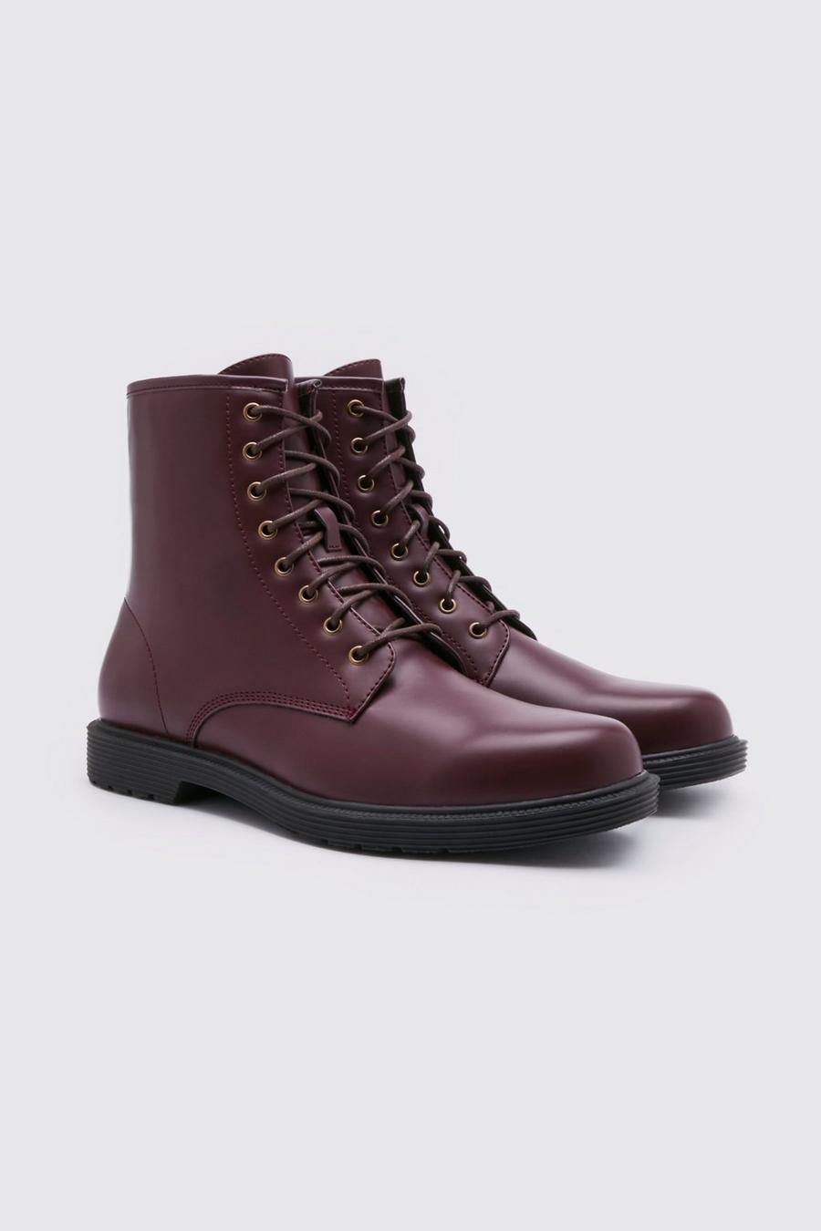Burgundy röd Leather Look Lace Up Boot