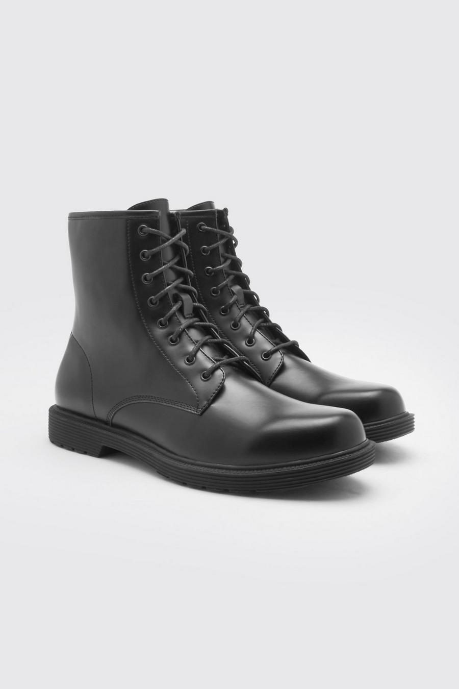 Black Leather Look Lace Up Boot