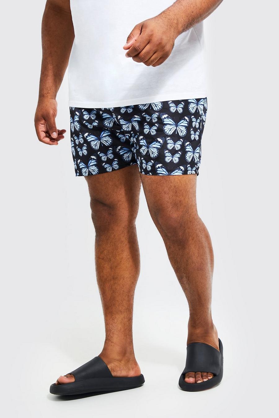 Black Plus Butterfly Print Mid Length Swim Shorts