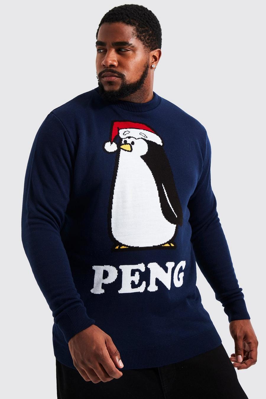 נייבי סוודר לחג המולד עם הדפס פינגווין ייחודי, מידות גדולות