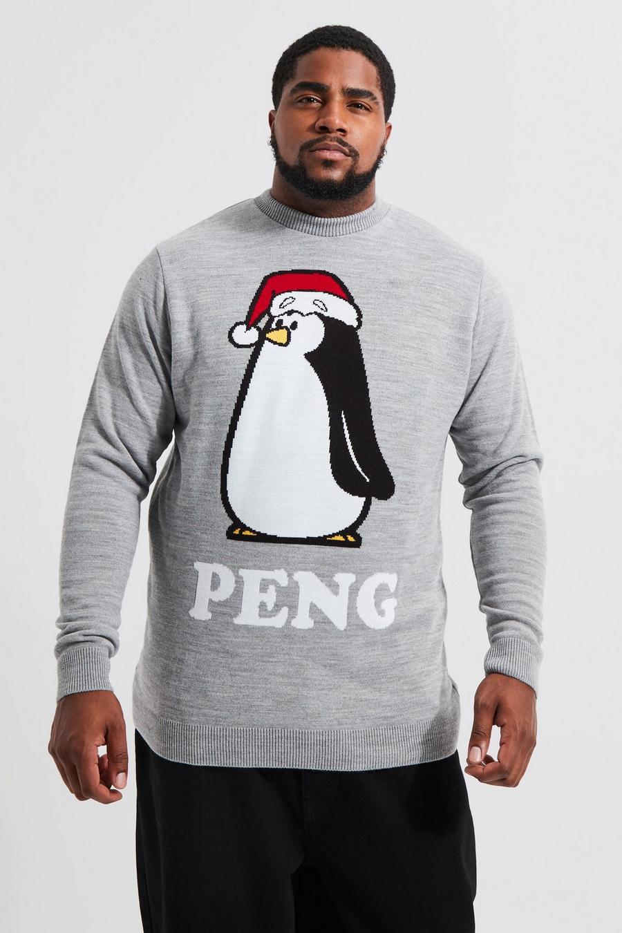 סלע אפור סוודר לחג המולד עם הדפס פינגווין ייחודי, מידות גדולות