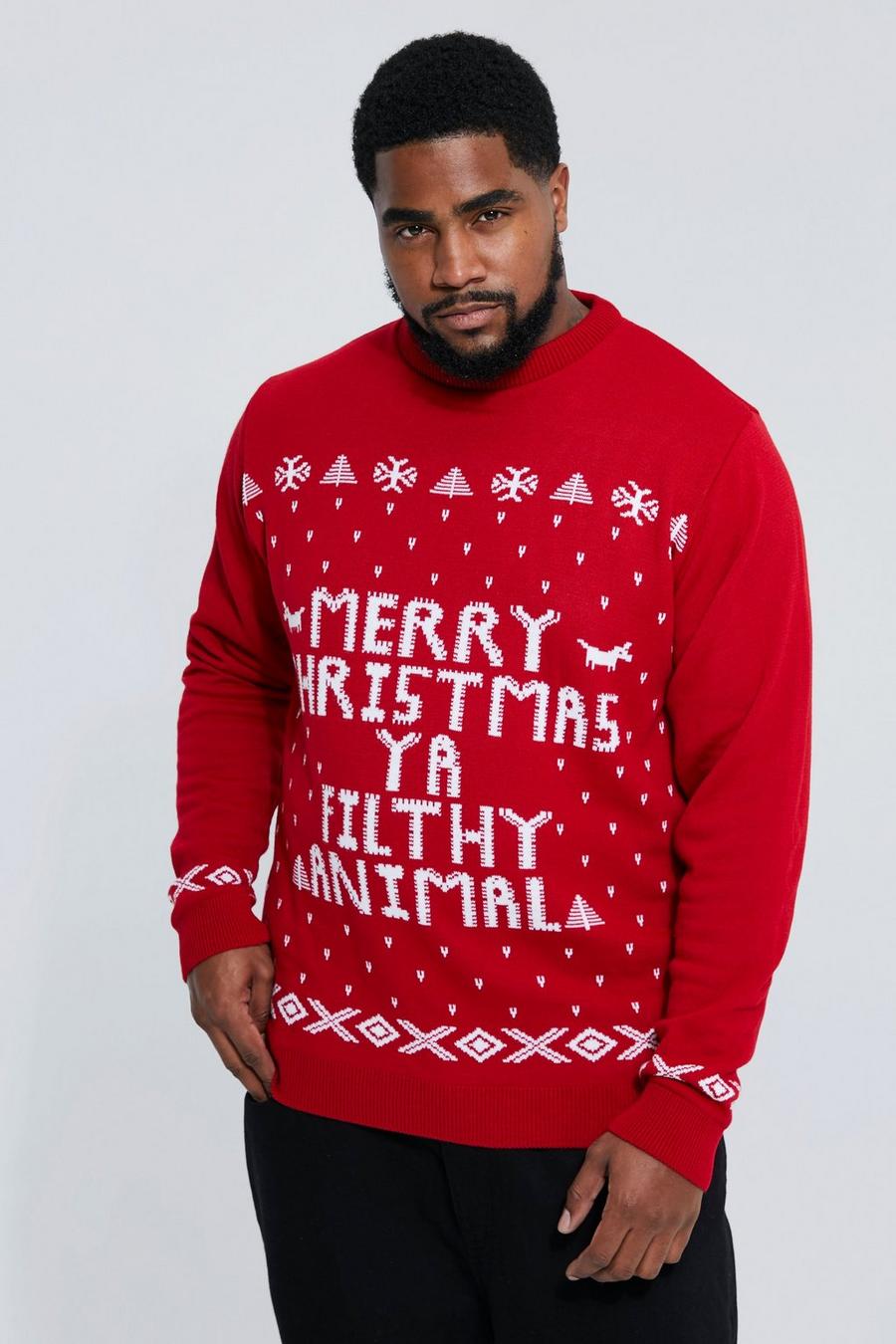 אדום סוודר לחג המולד עם כיתוב Ya Filthy Animal, מידות גדולות