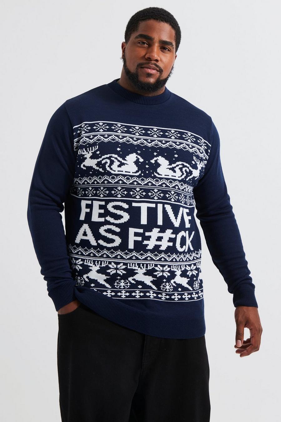 Navy Plus Festive Slogan Christmas Sweater image number 1