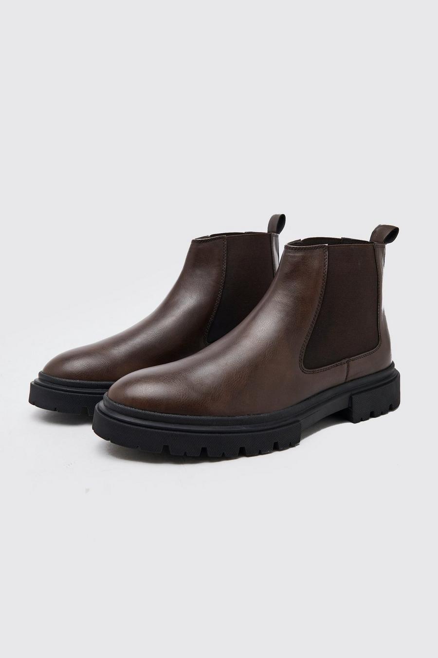 Brown brun Chelseaboots med räfflad sula