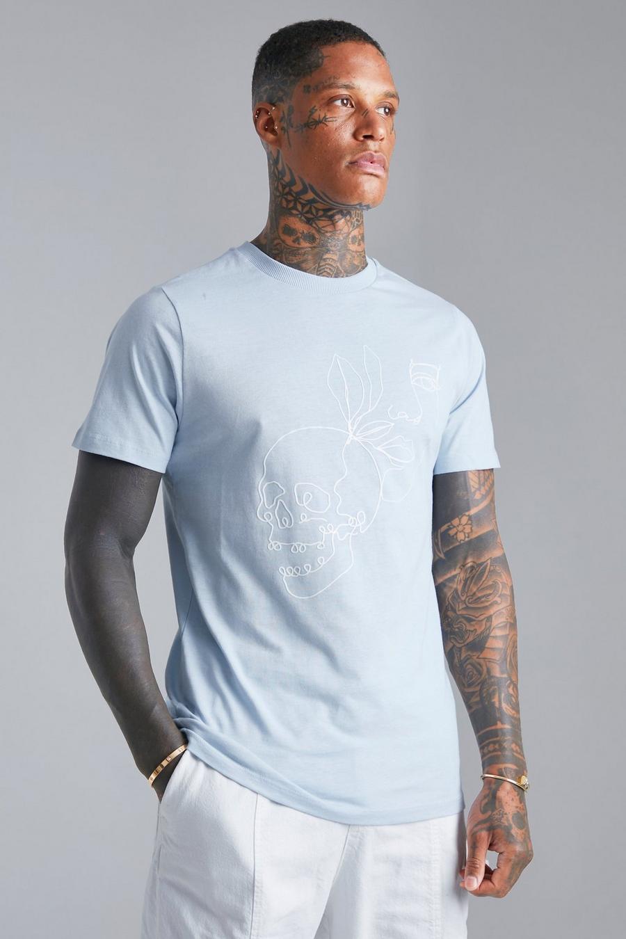 Slim-Fit T-Shirt mit Totenkopf-Print, Pale blue bleu