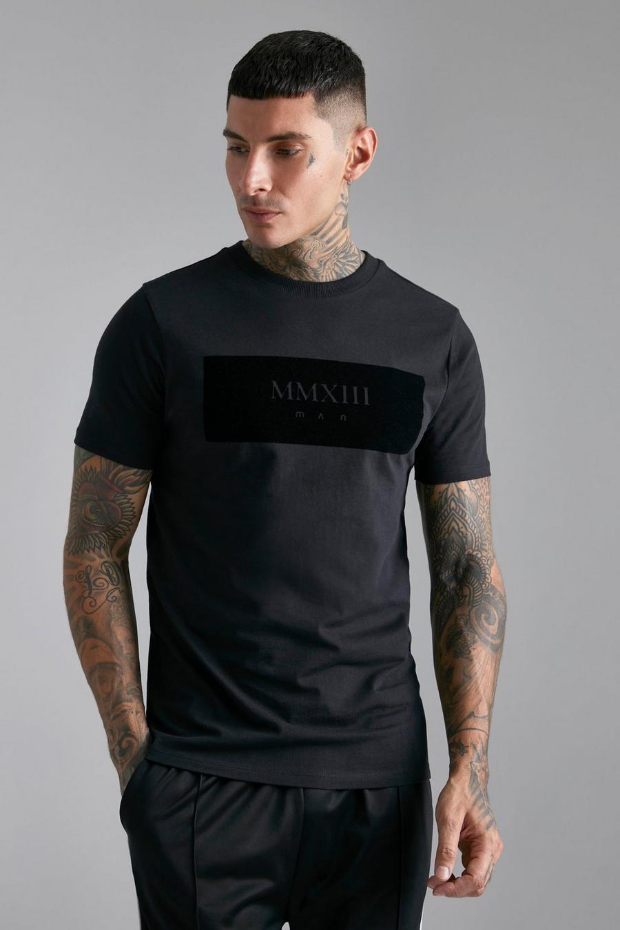 T-shirt Man Slim Fit con numeri effetto velluto, Black image number 1