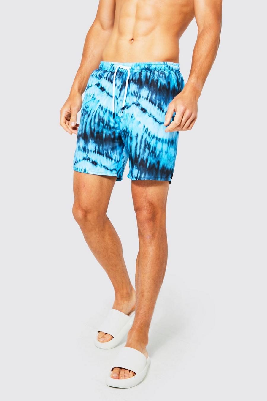 Blue Tall Tie Dye Mid Length Swim Shorts image number 1