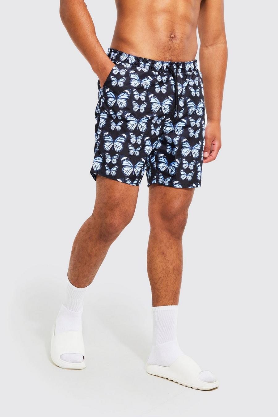 Blue Tall Butterfly Print Mid Length Swim Short image number 1