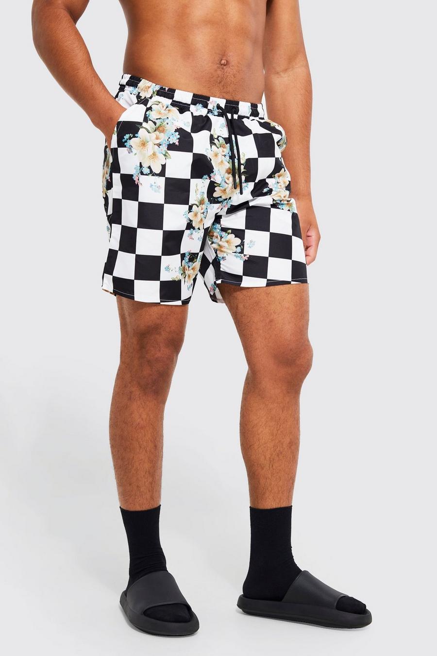 Blue Tall Floral Mid Length Swim Shorts image number 1