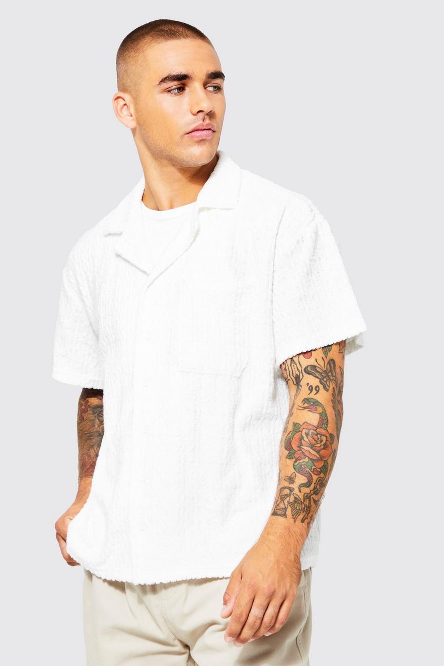 Ecru weiß Boxy Short Sleeve Jacquard Towelling Shirt