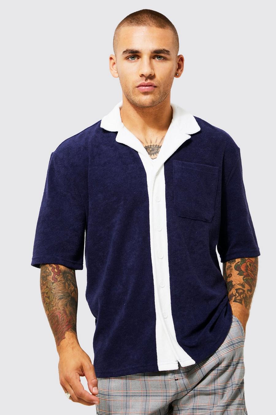 Camicia a maniche corte in spugna con dettagli a contrasto, Navy azul marino
