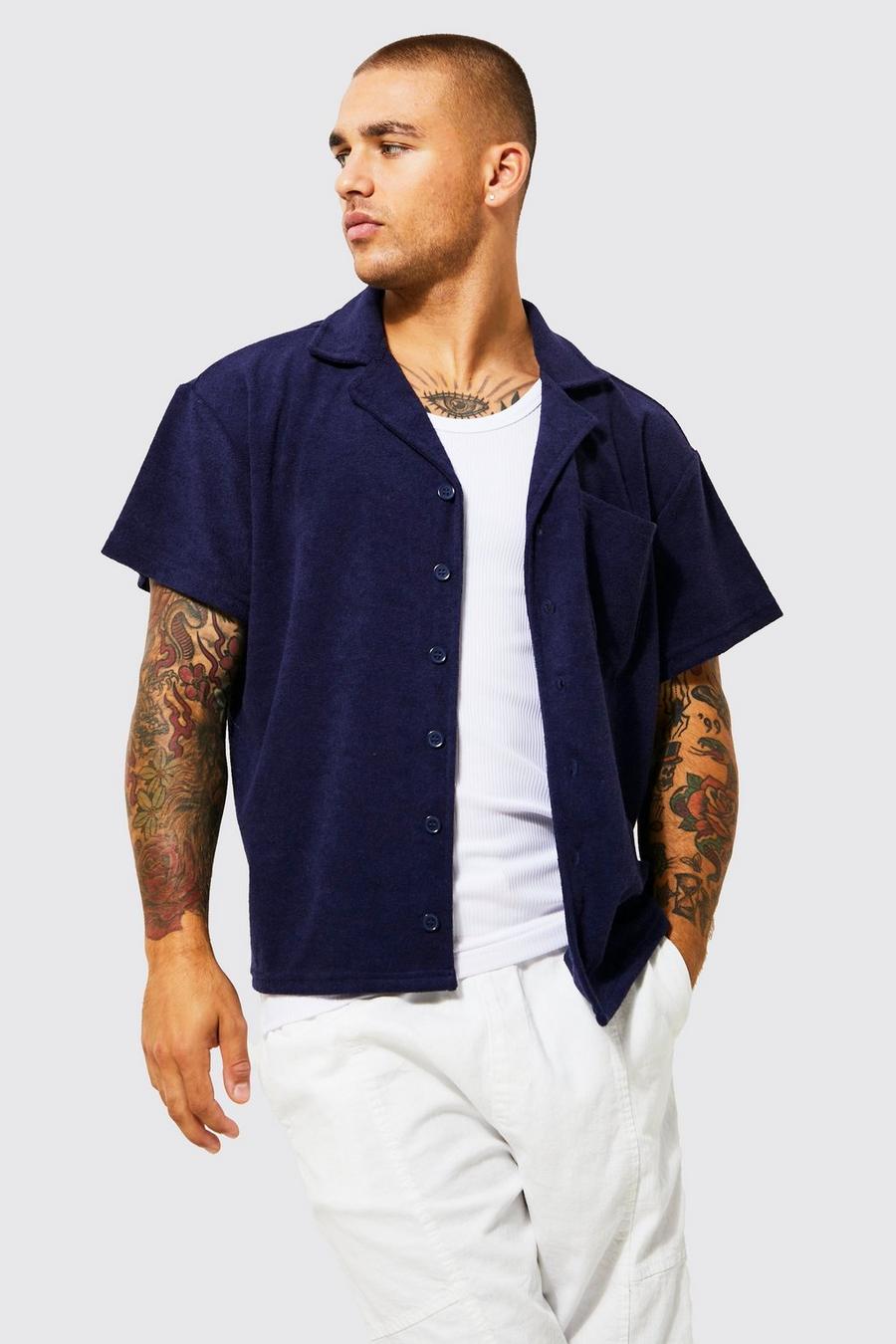 Navy Short Sleeve Boxy Towelling Shirt image number 1