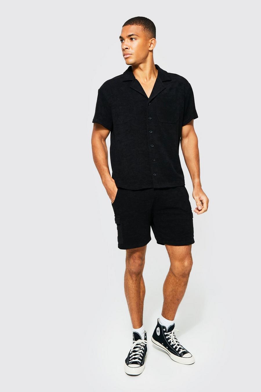 Black Boxy Towelling Cargo Shirt And Shorts Set