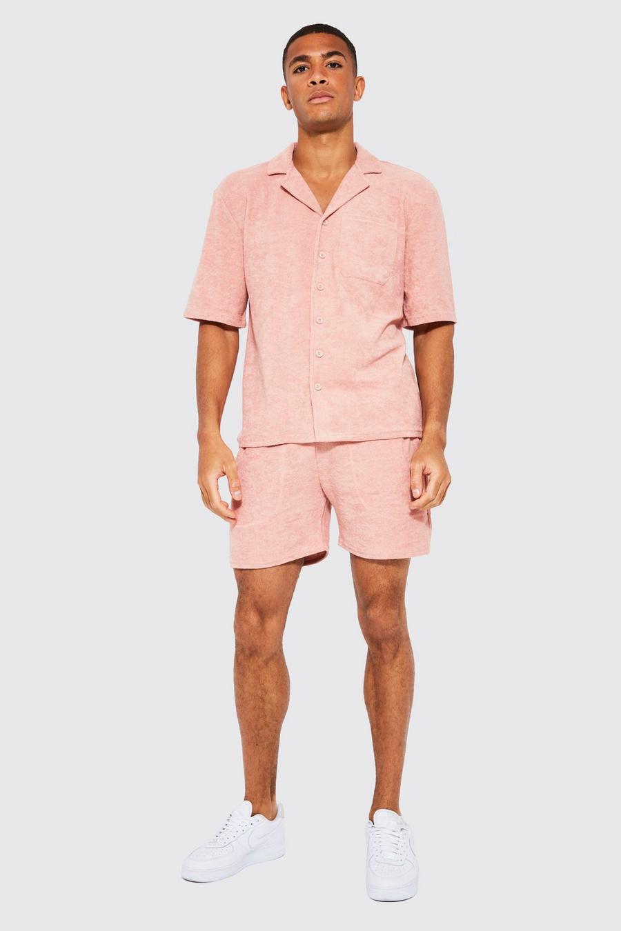 Pale pink Drop Revere Towelling Shirt And Shorts Set image number 1