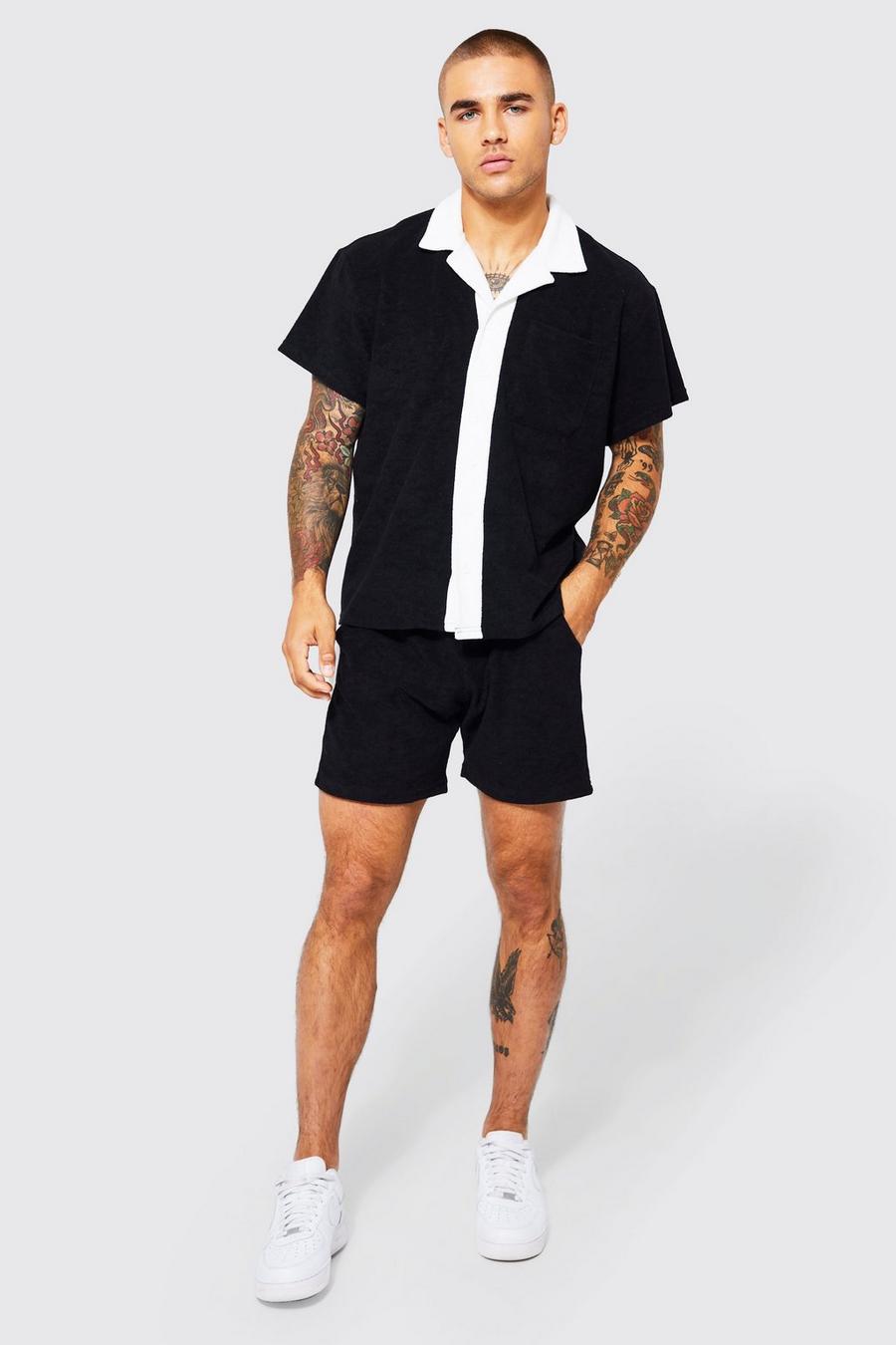 Black Boxy Contrast Towelling Shirt And Shorts Set image number 1