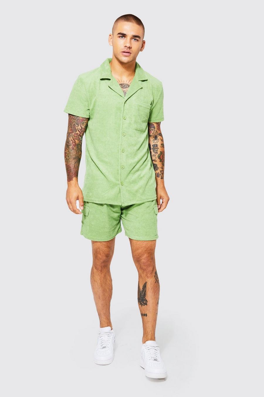 Green Towelling Cargo Shirt And Shorts Set image number 1