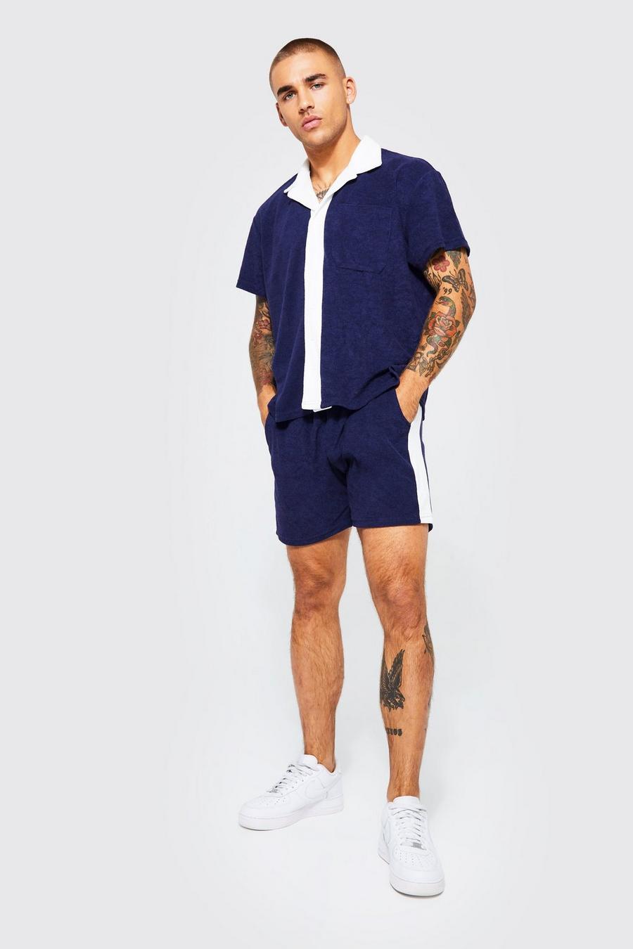 Navy marinblå Boxy Contrast Towelling Shirt And Shorts Set