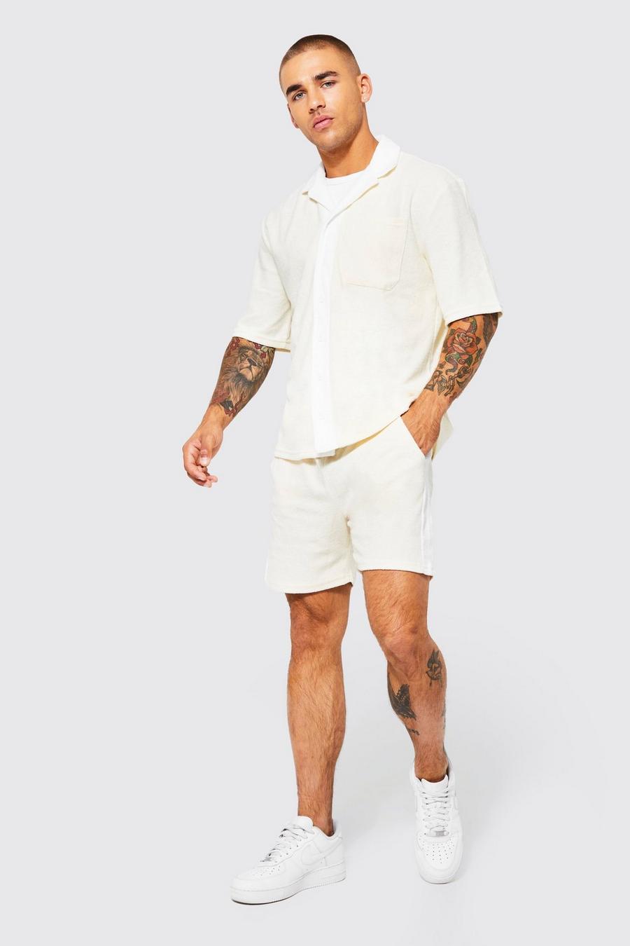 Stone beige Skjorta och shorts i frotté image number 1