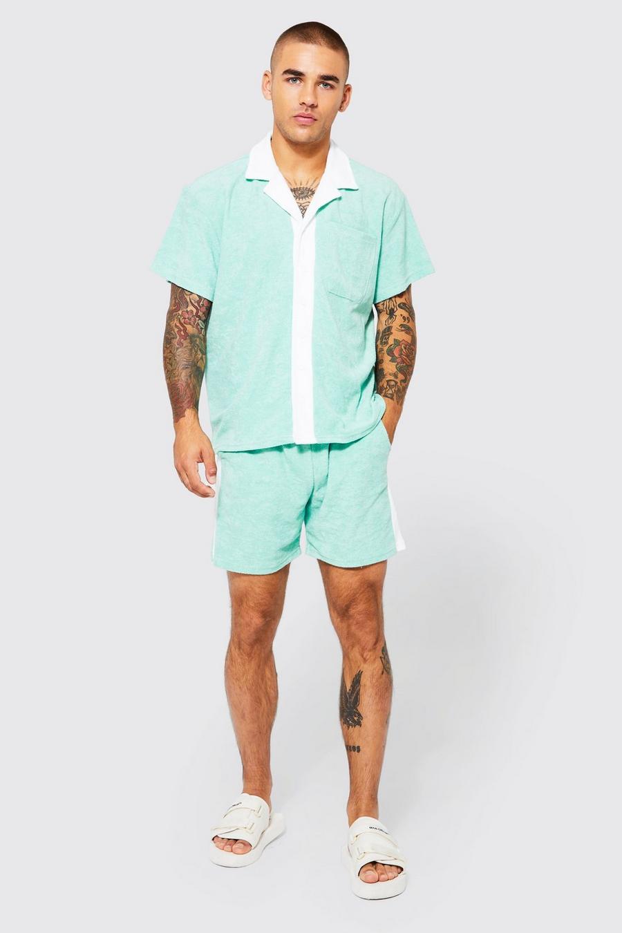 Jade green Boxy Contrast Towelling Shirt And Shorts Set image number 1