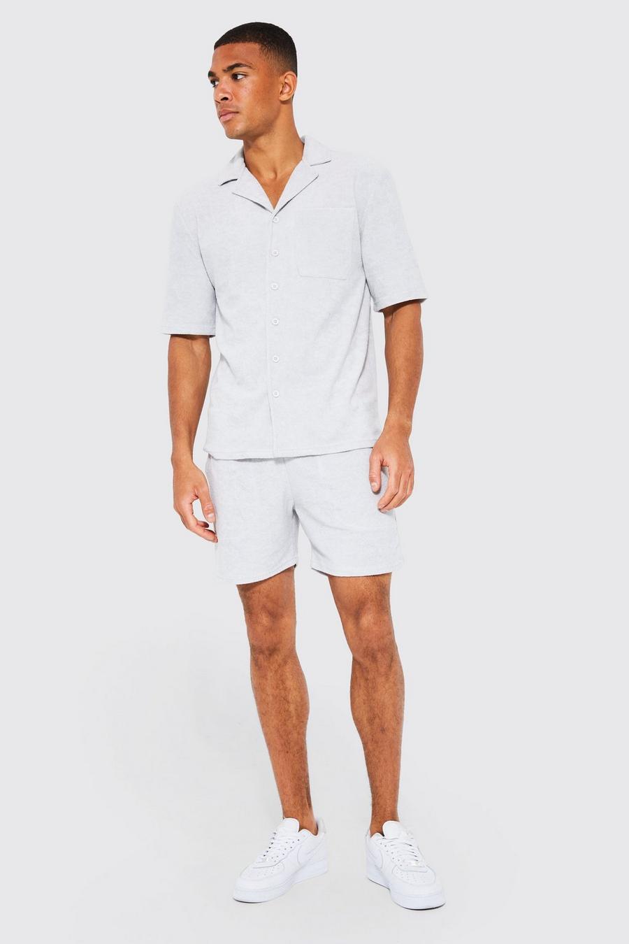 Pale grey Drop Revere Towelling Shirt And Shorts Set image number 1