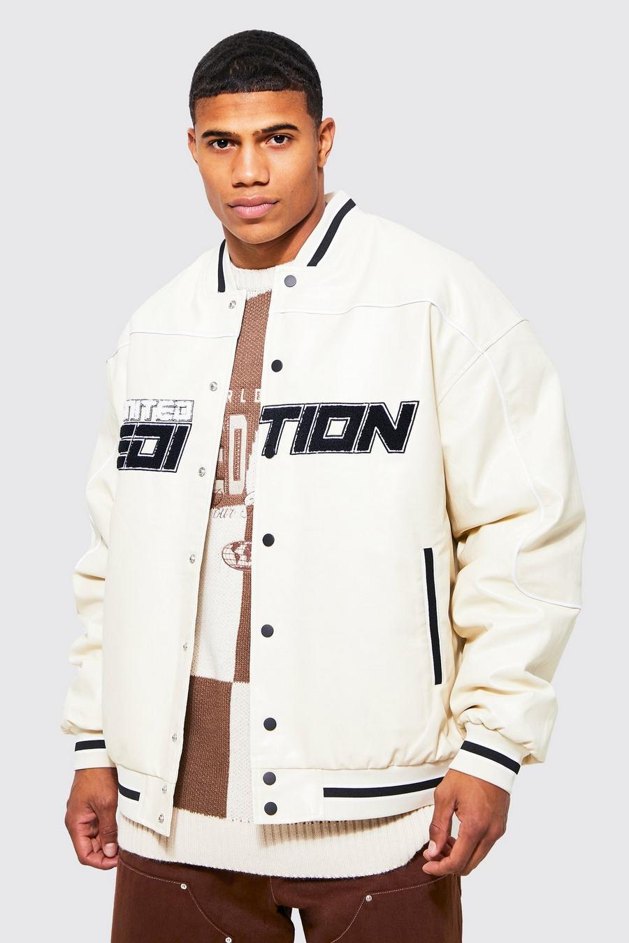 Ecru weiß Pu Limited Edition Varsity Jacket 
