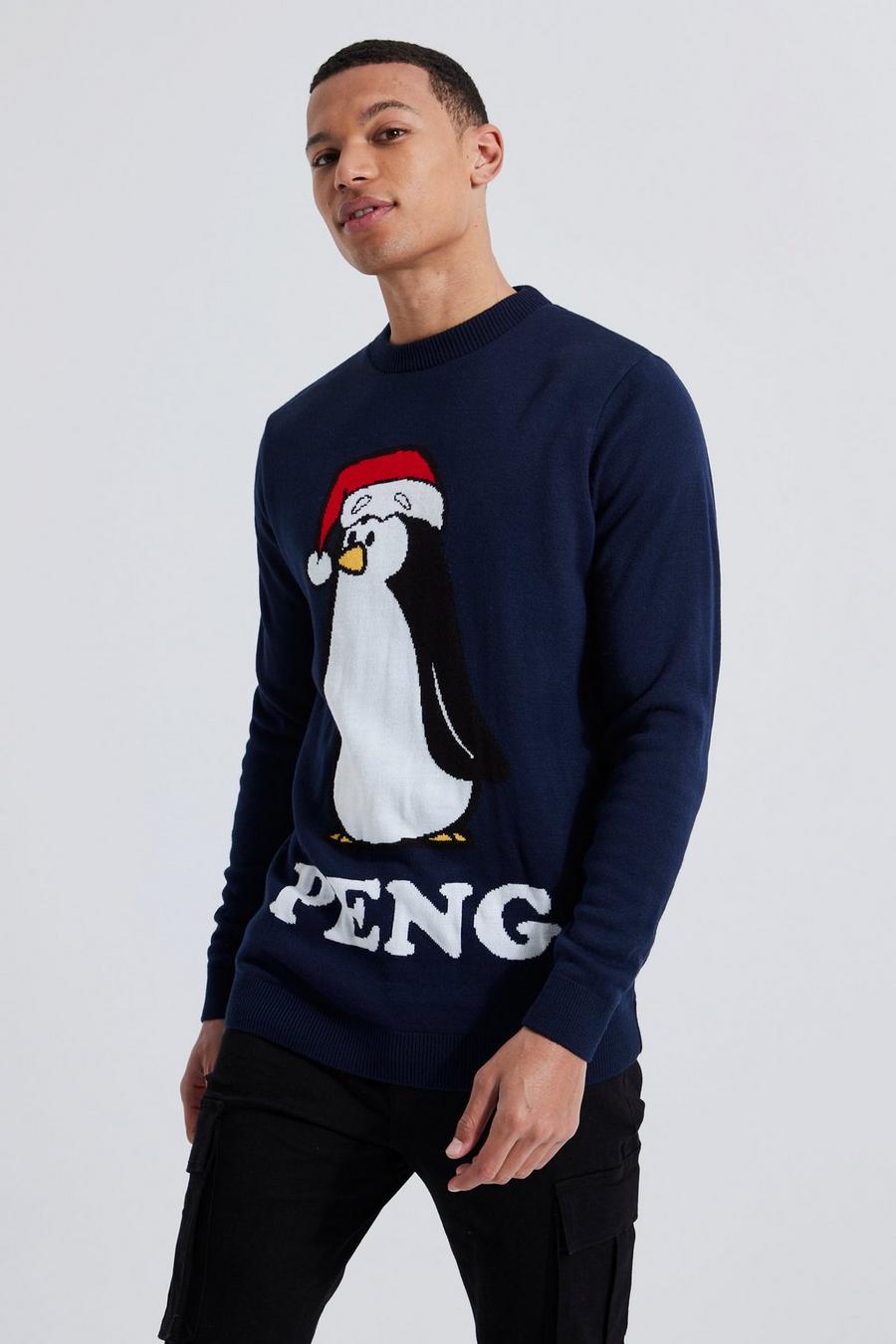 נייבי סוודר לחג המולד עם הדפס פינגווין ייחודי, לגברים גבוהים image number 1