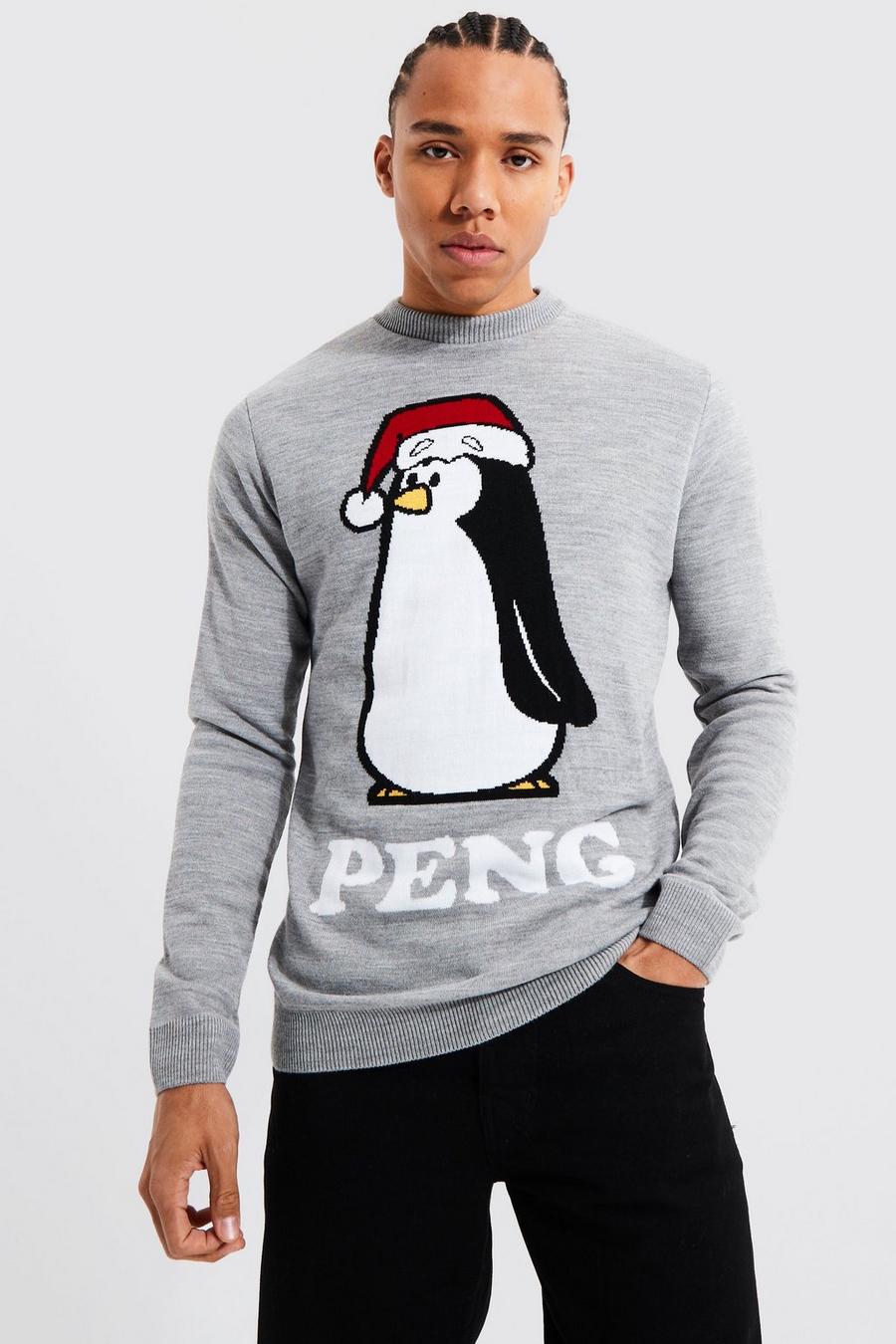 סלע אפור סוודר לחג המולד עם הדפס פינגווין ייחודי, לגברים גבוהים image number 1