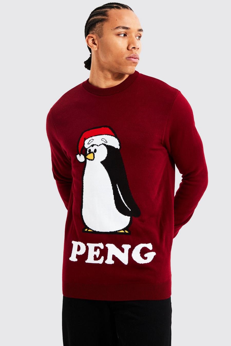 יין סוודר לחג המולד עם הדפס פינגווין ייחודי, לגברים גבוהים image number 1