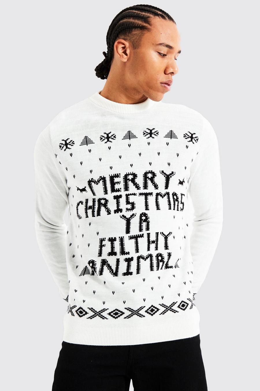 שמנת סוודר לחג המולד עם כיתוב Ya Filthy Animal, לגברים גבוהים image number 1