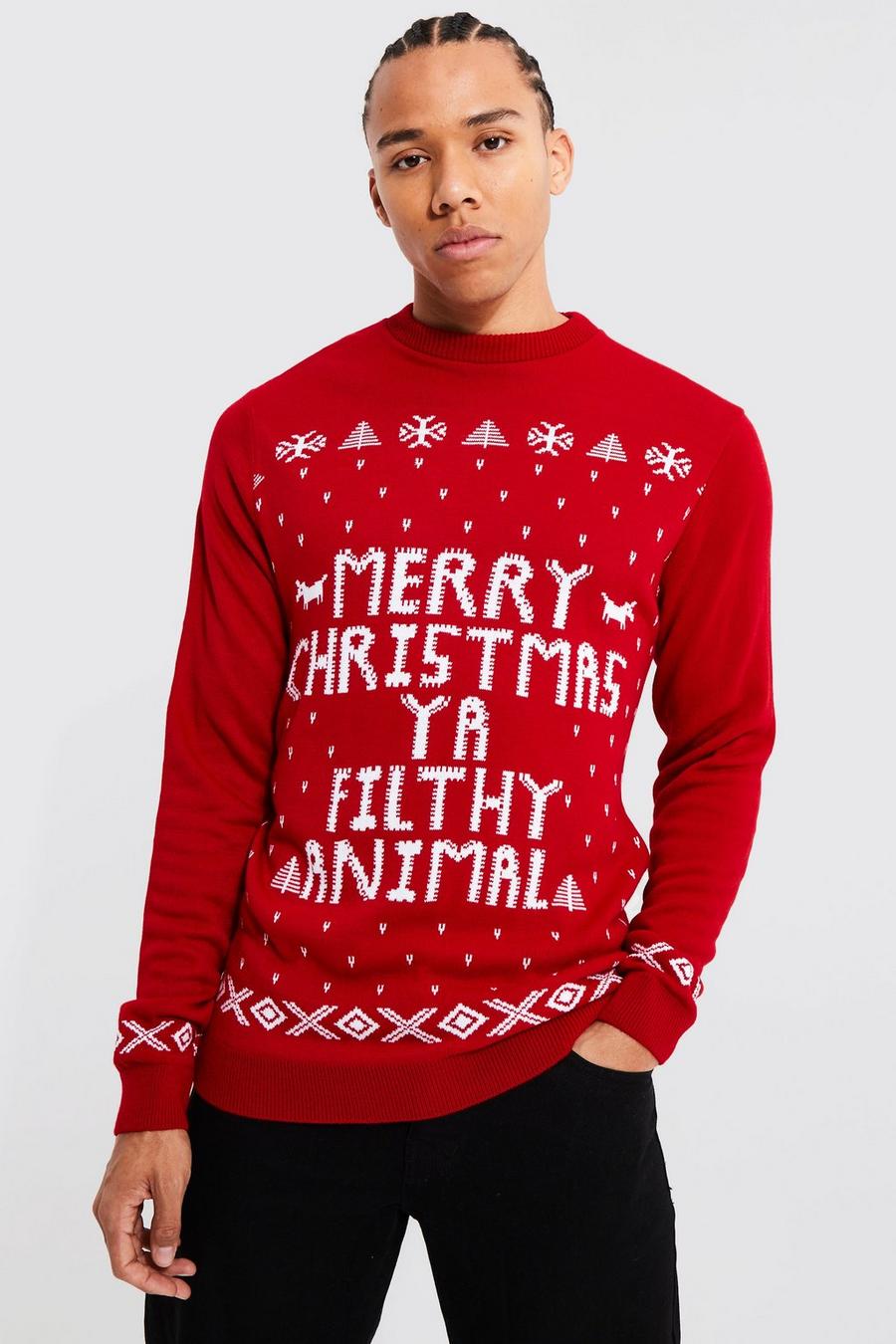 אדום סוודר לחג המולד עם כיתוב Ya Filthy Animal, לגברים גבוהים image number 1