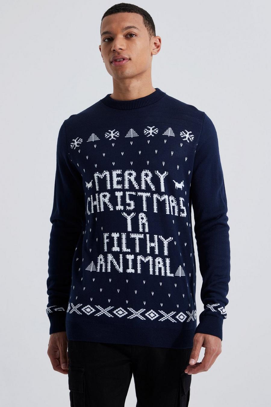 נייבי azul marino סוודר לחג המולד עם כיתוב Ya Filthy Animal, לגברים גבוהים
