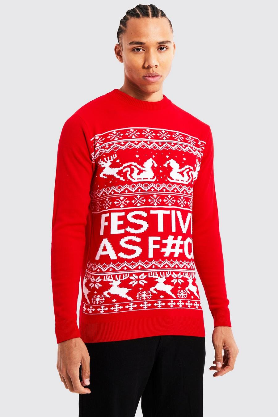 אדום סוודר לחג המולד עם כיתוב Festive, לגברים גבוהים image number 1
