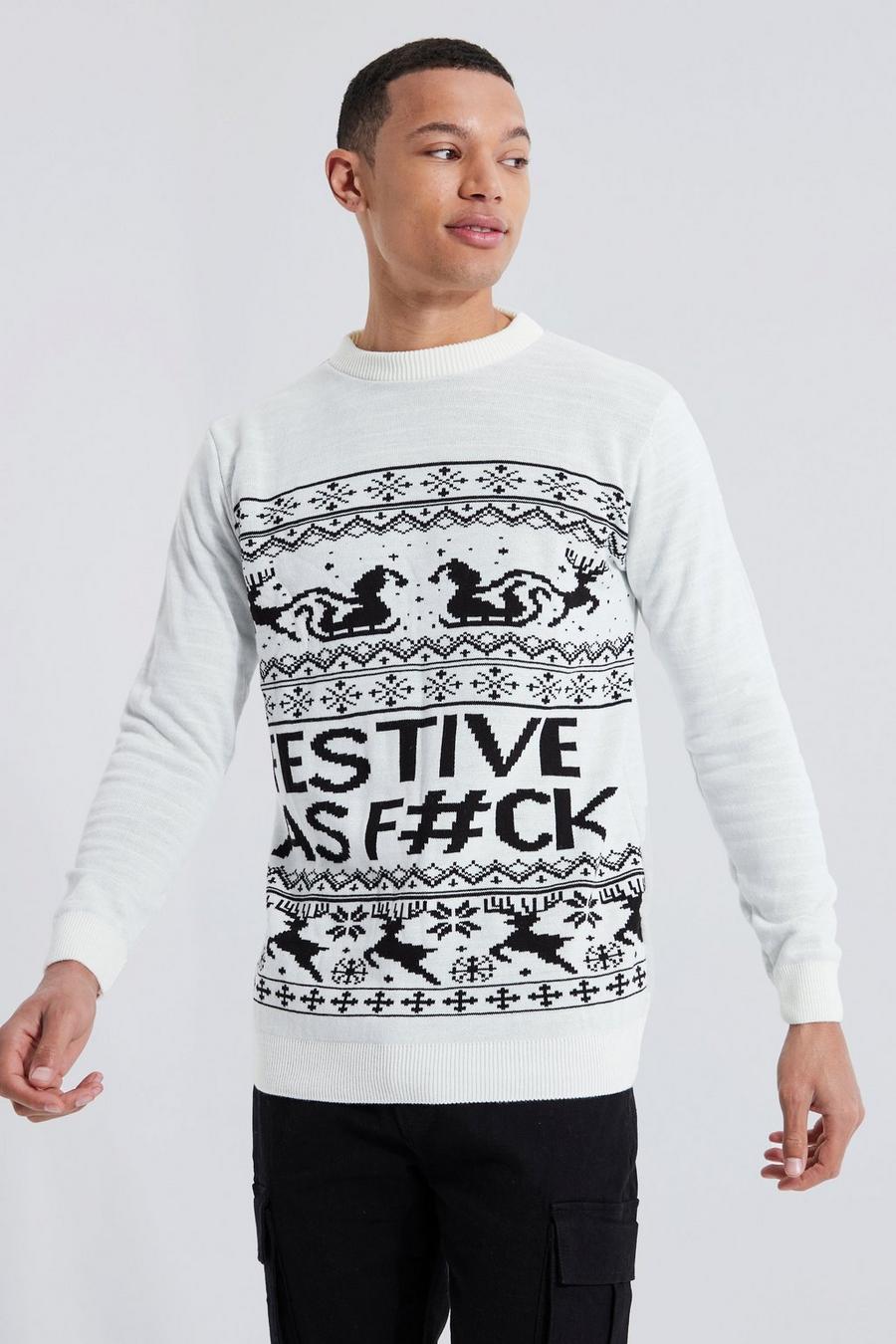 לבן סוודר לחג המולד עם כיתוב Festive, לגברים גבוהים