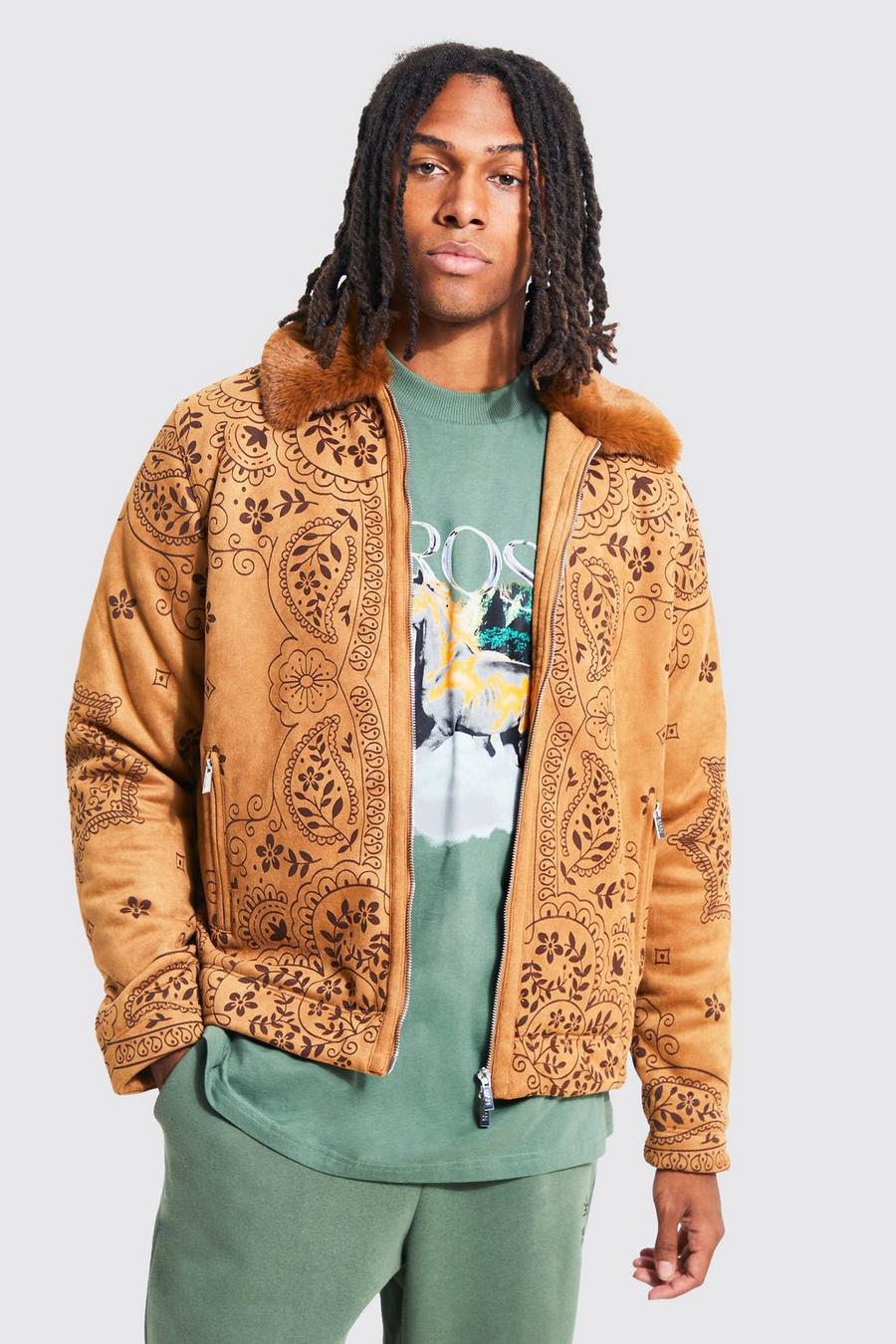 Tan Suede Faux Fur Collar Harrington With Print image number 1