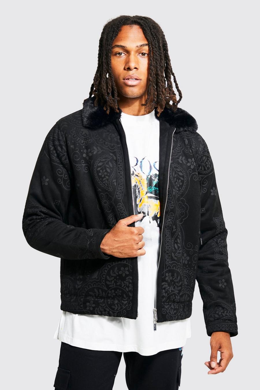 Black Suede Faux Fur Collar Harrington With Print image number 1