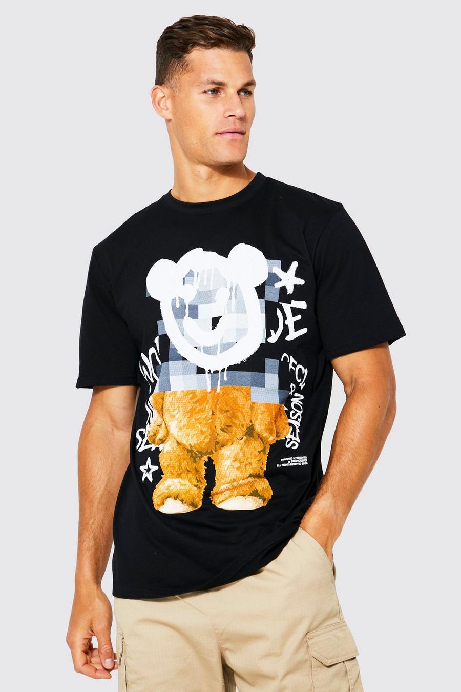 T-shirt Tall con grafica Teddy pixelata, Black nero