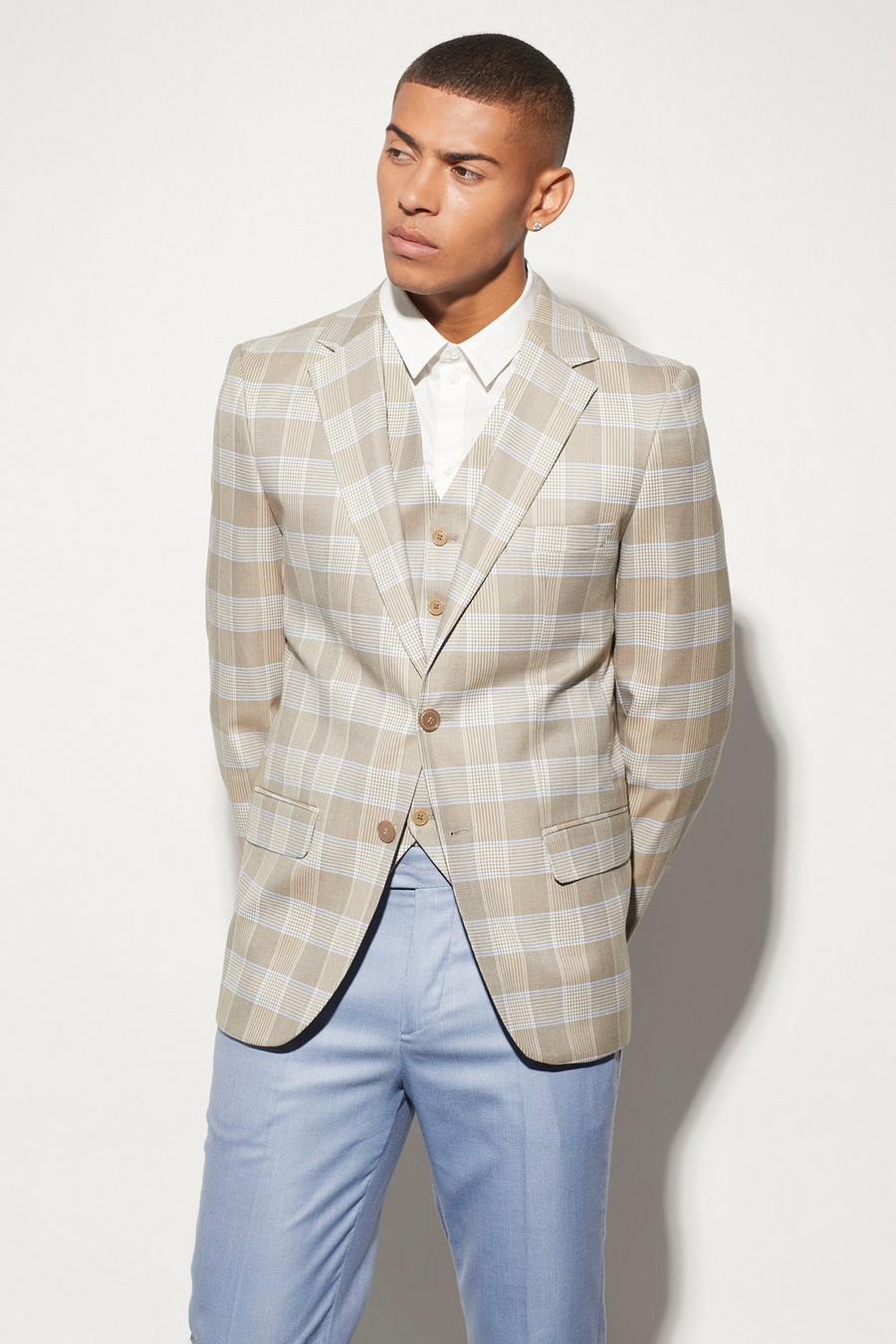 Light blue Slim Single Breasted Check Suit Jacket