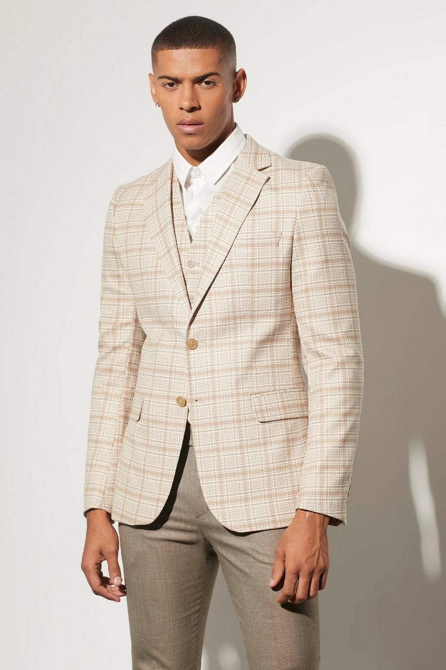 Tan Skinny Single Breasted Check Suit Jacket image number 1