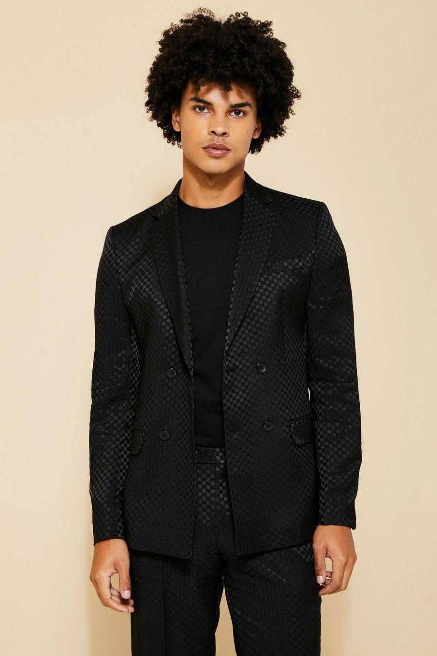 Boohoo Slim Fit Double Breasted Jacquard Suit Jacket in Black Womens Mens Clothing Mens Jackets Blazers 