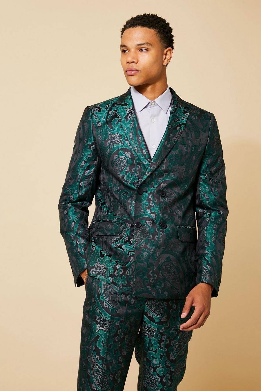 Teal green Slim Double Breasted Jacquard Suit Jacket