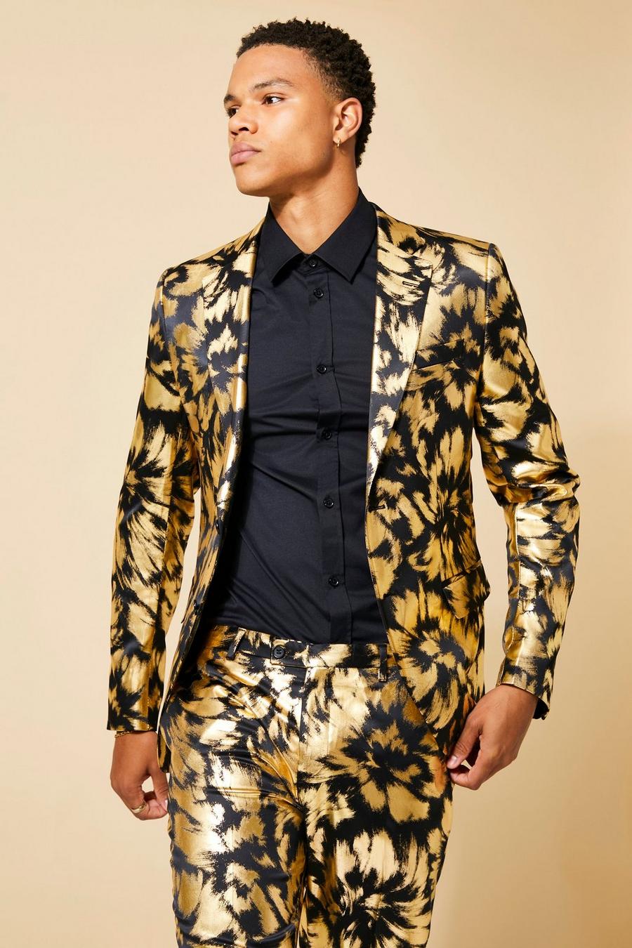 Gold Skinny Single Breasted Print Suit Jacket image number 1
