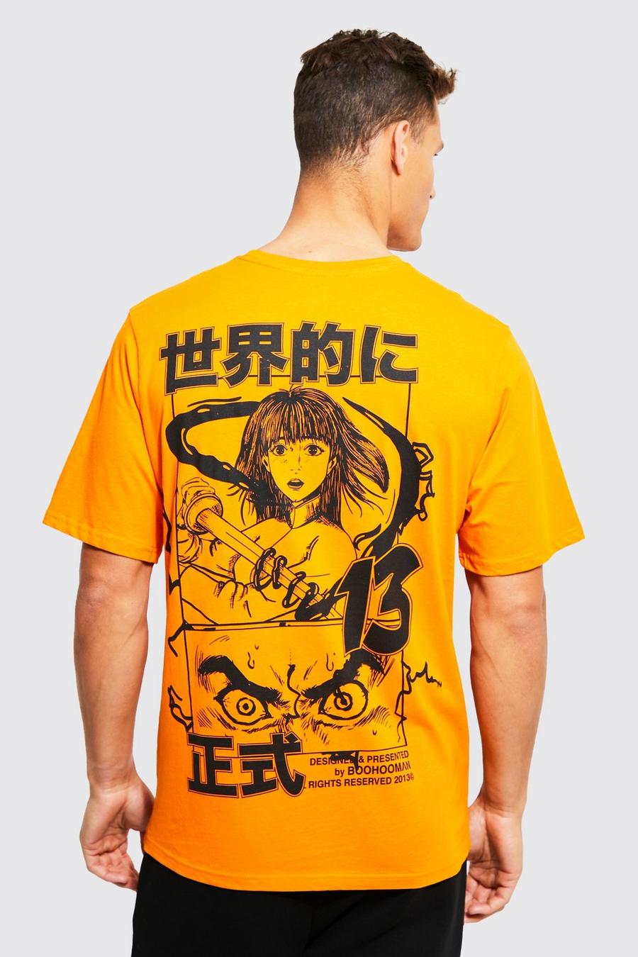 T-shirt Tall con grafica di anime giapponesi sul retro, Orange naranja
