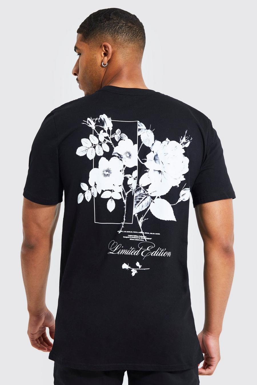 Black Tall Longline Floral Back Graphic T-shirt image number 1