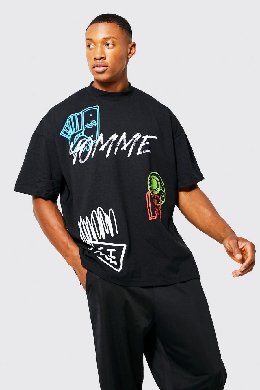 Camiseta oversize con grafiti y cuello extendido, Black image number 1