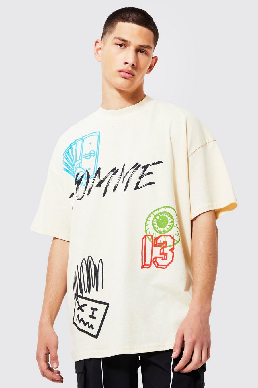 T-shirt oversize stile Graffiti con girocollo esteso, Sand image number 1