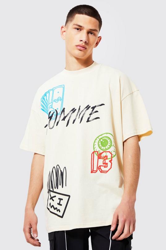 Oversized Extended Neck Graffiti T-shirt | boohoo