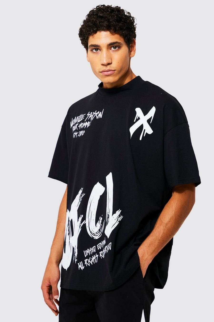 Black Oversized Extended Neck Graffiti T-shirt image number 1