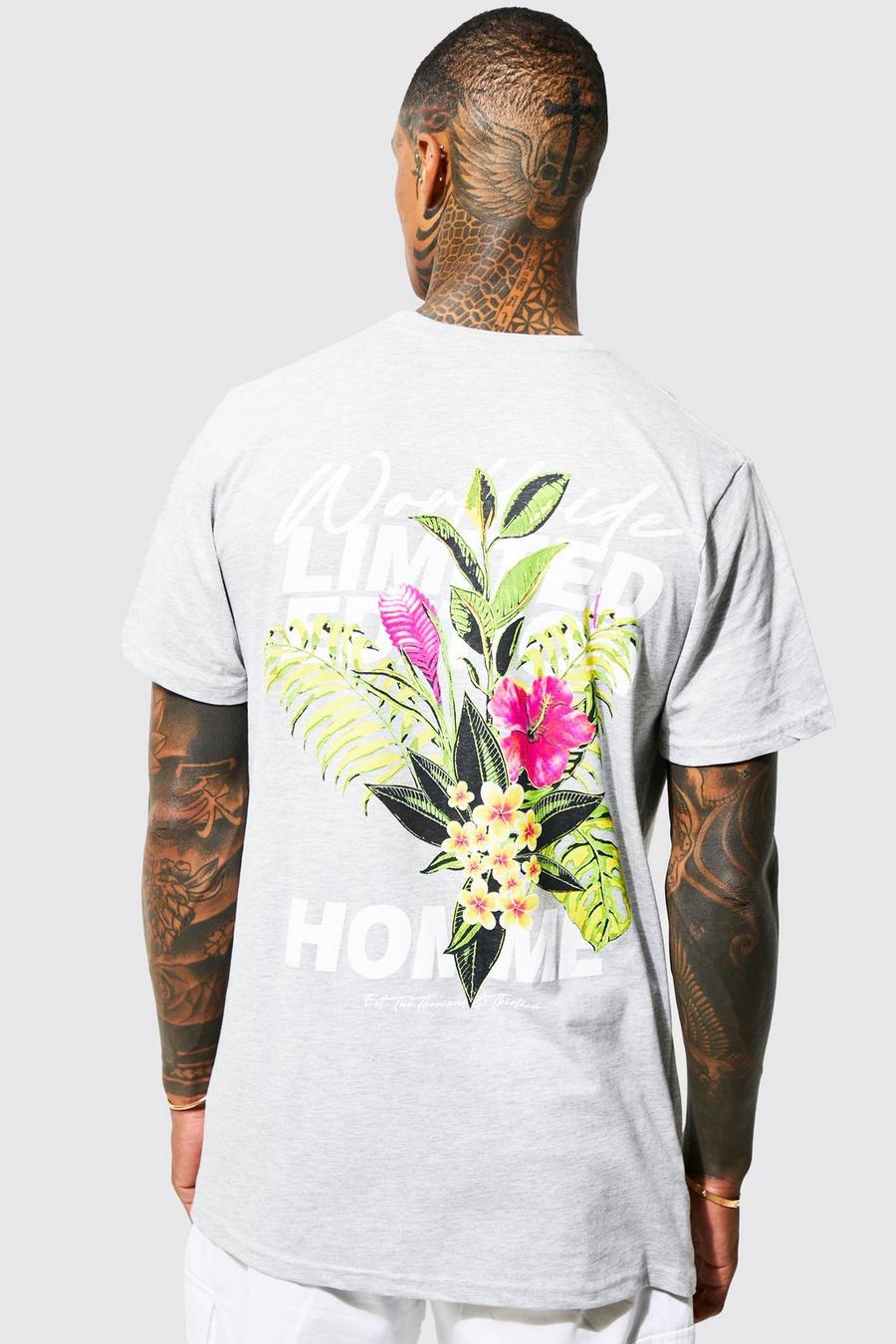Grey marl Longline Limited Floral Back Print T-shirt